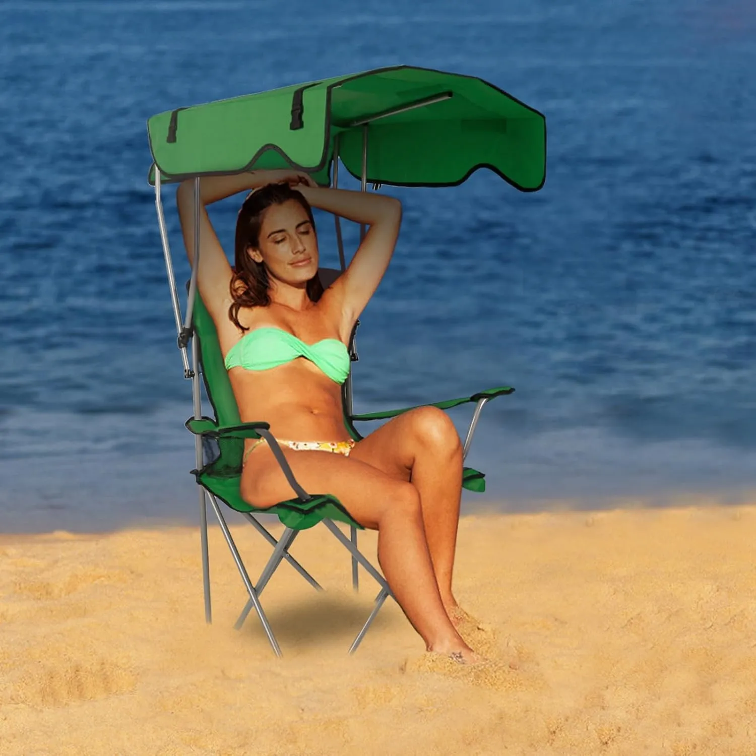 Camping Chair with Canopy, Outdoor Folding Chair with Adjustable Shade & Cup Holder, Heavy Duty Beach Chair for Adult Portable Camping Recliner Support 330 LBS