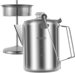 Camping Coffee Pot Stainless Steel, Percolator Coffee Pot with Clear Top Glass Knob, Safe Camping Coffee Pot for Outdoor 9 Cups for Group Camping, Hiking, Backpacking, RV and Travel, silvery