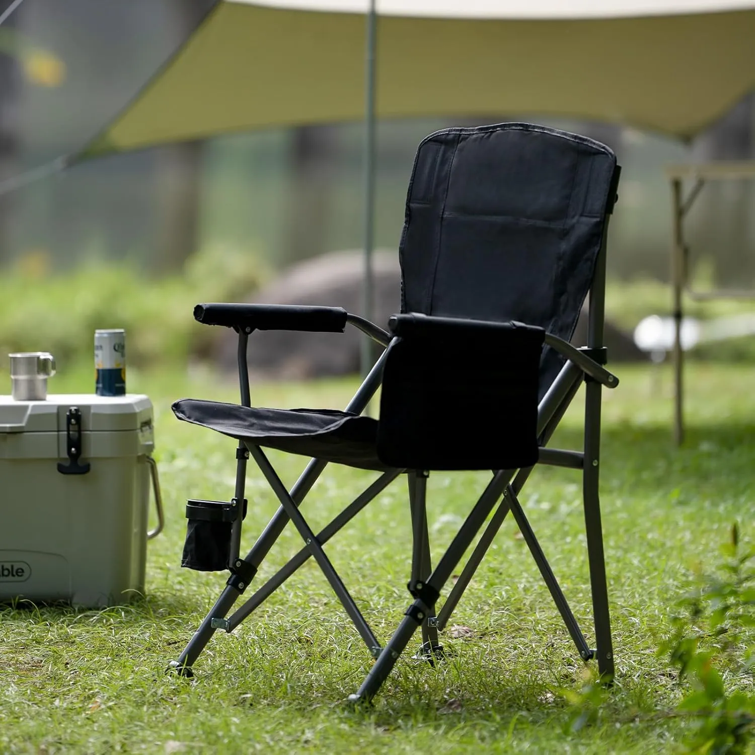 Camping Folding Chair, Heavy Duty Steel Frame Support 400 LBS with Side Pocket and Cup Holder, Portable for Camping, Fishing, Picnic, Black