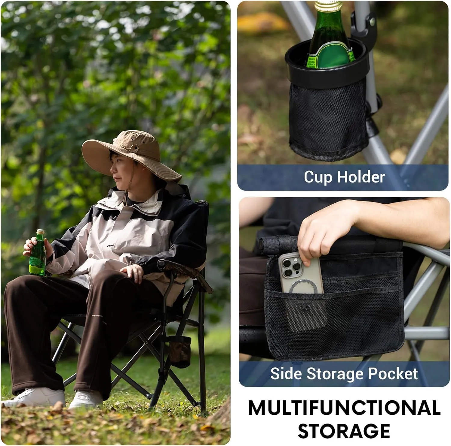 Camping Folding Chair, Heavy Duty Steel Frame Support 400 LBS with Side Pocket and Cup Holder, Portable for Camping, Fishing, Picnic, Black