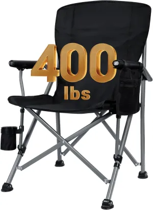 Camping Folding Chair, Heavy Duty Steel Frame Support 400 LBS with Side Pocket and Cup Holder, Portable for Camping, Fishing, Picnic, Black