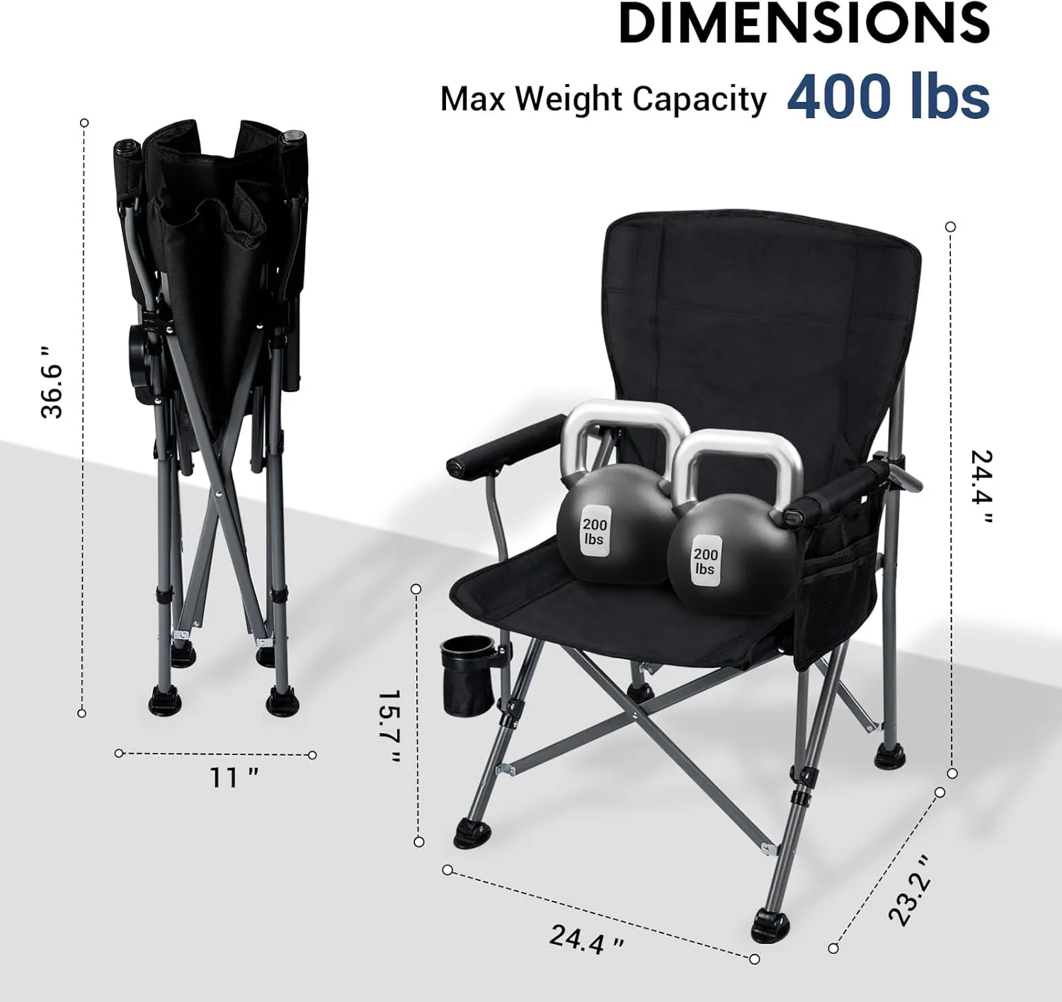 Camping Folding Chair, Heavy Duty Steel Frame Support 400 LBS with Side Pocket and Cup Holder, Portable for Camping, Fishing, Picnic, Black