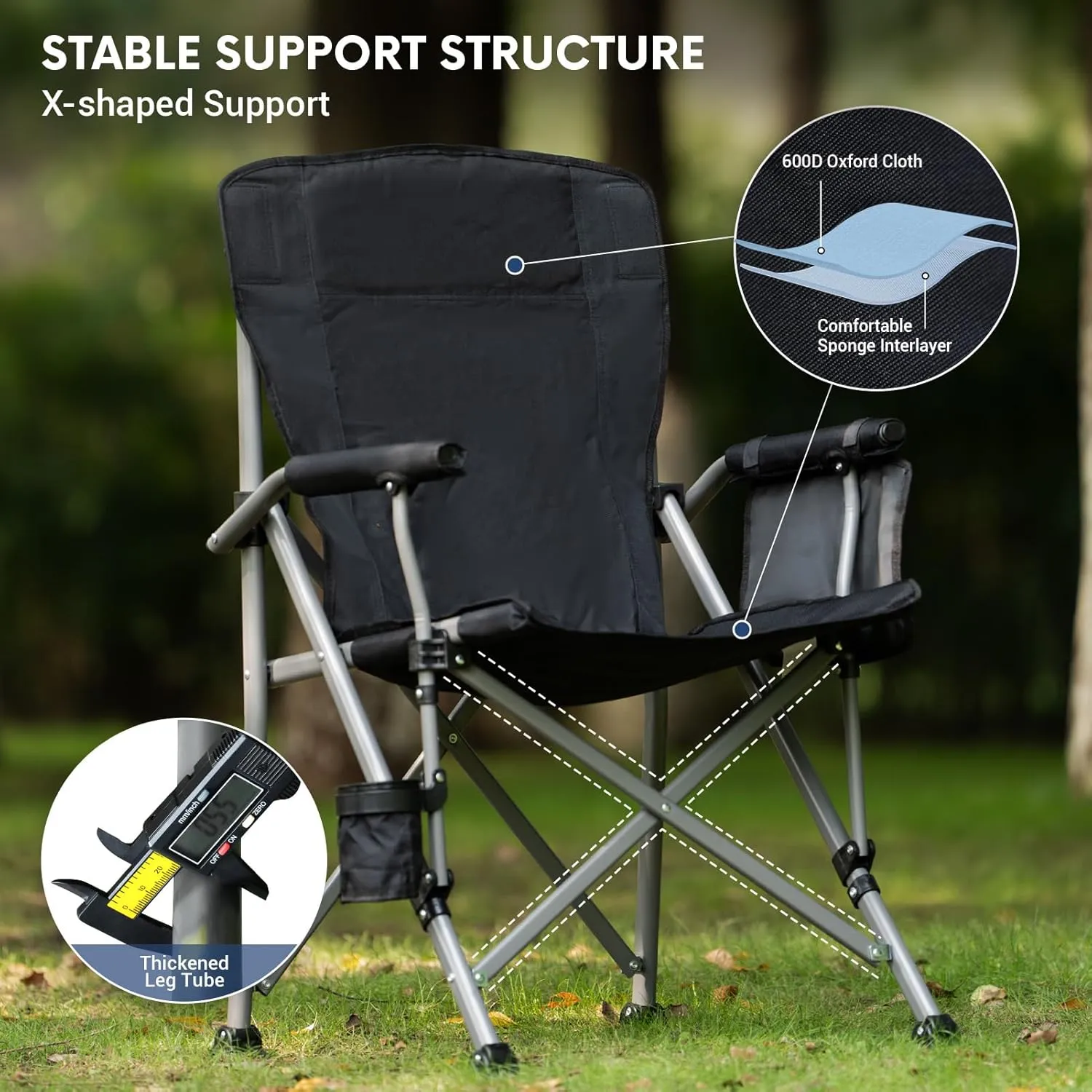 Camping Folding Chair, Heavy Duty Steel Frame Support 400 LBS with Side Pocket and Cup Holder, Portable for Camping, Fishing, Picnic, Black