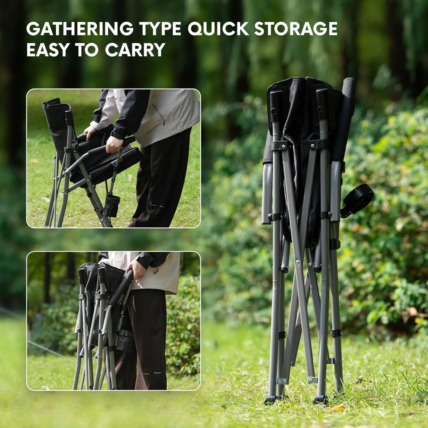 Camping Folding Chair, Heavy Duty Steel Frame Support 400 LBS with Side Pocket and Cup Holder, Portable for Camping, Fishing, Picnic, Black