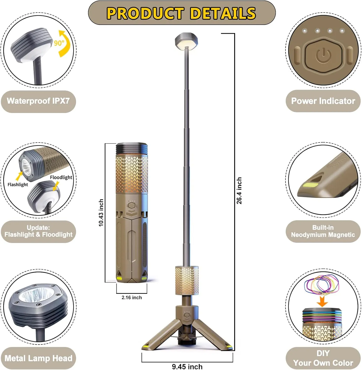 Camping-Lights-Rechargeable,Outdoor Telescopic-Collapsible-Lanterns with 2 Light Sources Mobile Lighting 10500mAh Battery Flash Light & Road Lamp for Adventure/Hiking/Camping/Live Streaming(Khaki)