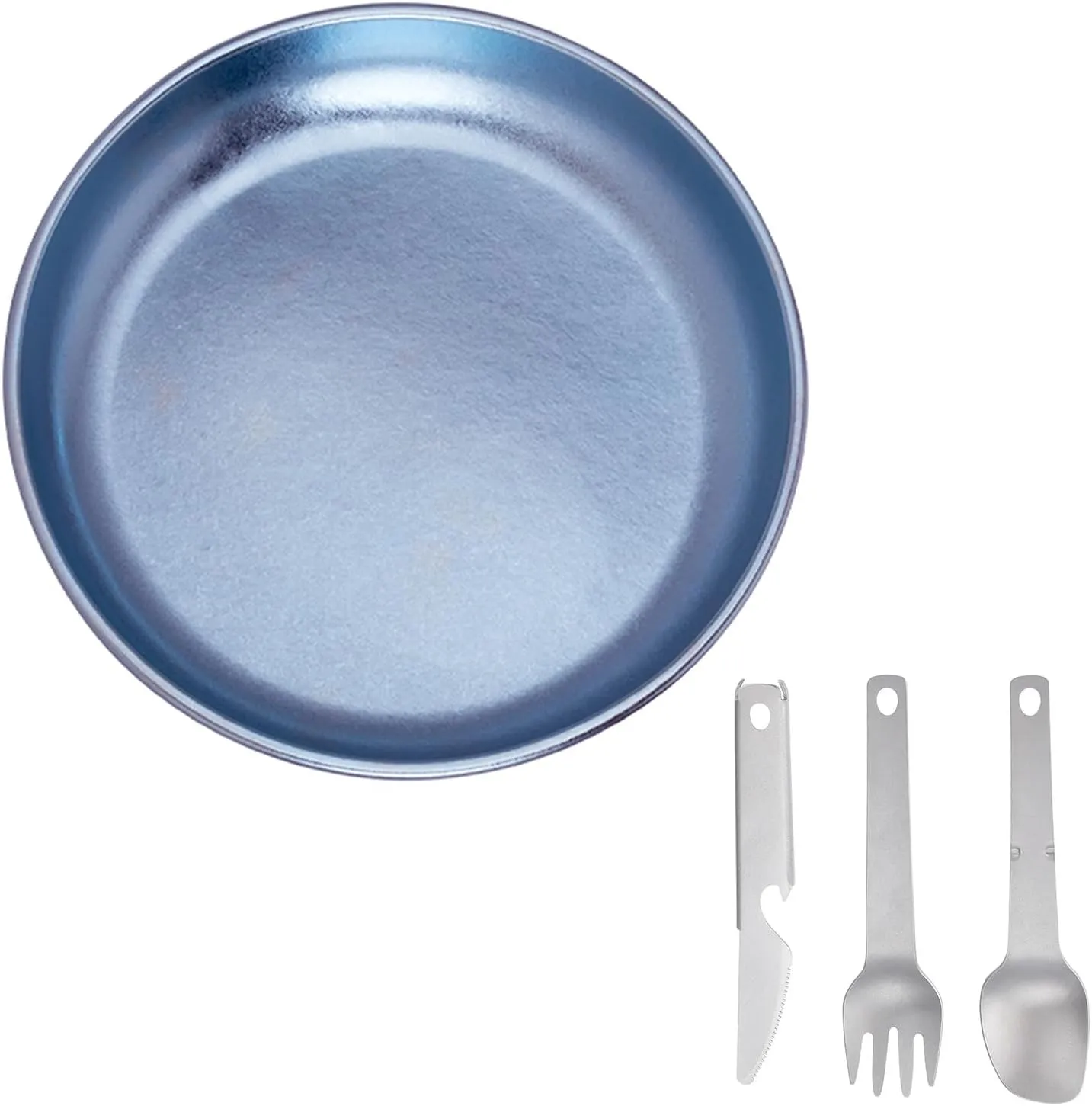 Camping Plate with 3 PCS Suit Integrated Tableware, Titaniums Plate Dish with Knife Fork Spoon Ultra Light Outdoor Dining Set for Hiking Travelling Picnic BBQ (Ice Crystal Blue)
