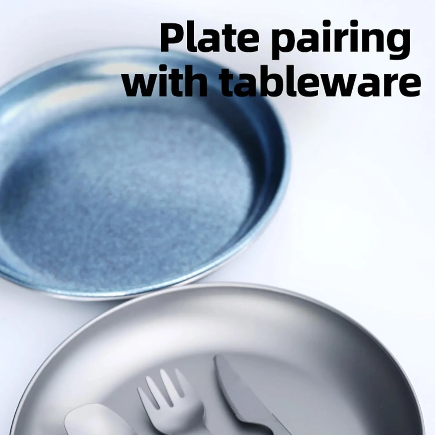 Camping Plate with 3 PCS Suit Integrated Tableware, Titaniums Plate Dish with Knife Fork Spoon Ultra Light Outdoor Dining Set for Hiking Travelling Picnic BBQ (Ice Crystal Blue)
