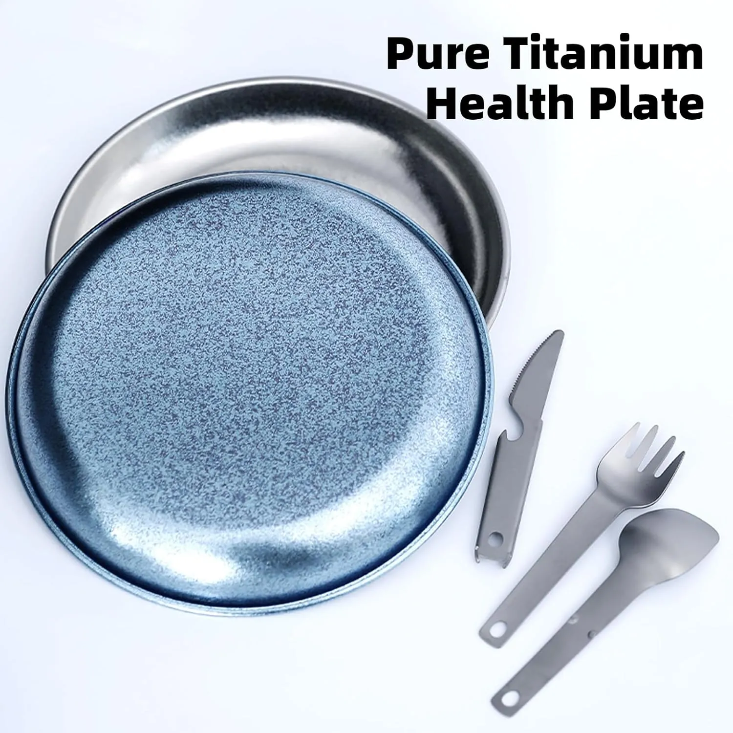 Camping Plate with 3 PCS Suit Integrated Tableware, Titaniums Plate Dish with Knife Fork Spoon Ultra Light Outdoor Dining Set for Hiking Travelling Picnic BBQ (Ice Crystal Blue)
