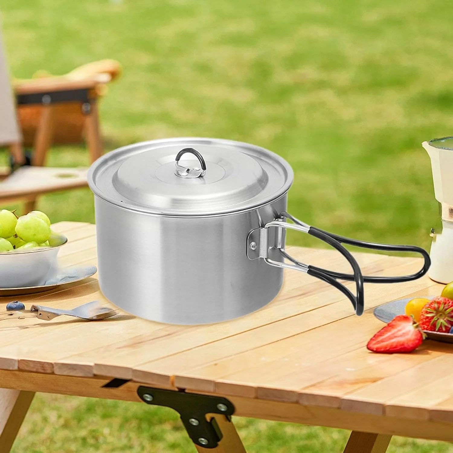 Camping Pot Outdoor Cooking Pot Boiling Water Compact with Lid Camp Stockpot for Fishing BBQ Hiking Travel Backpacking
