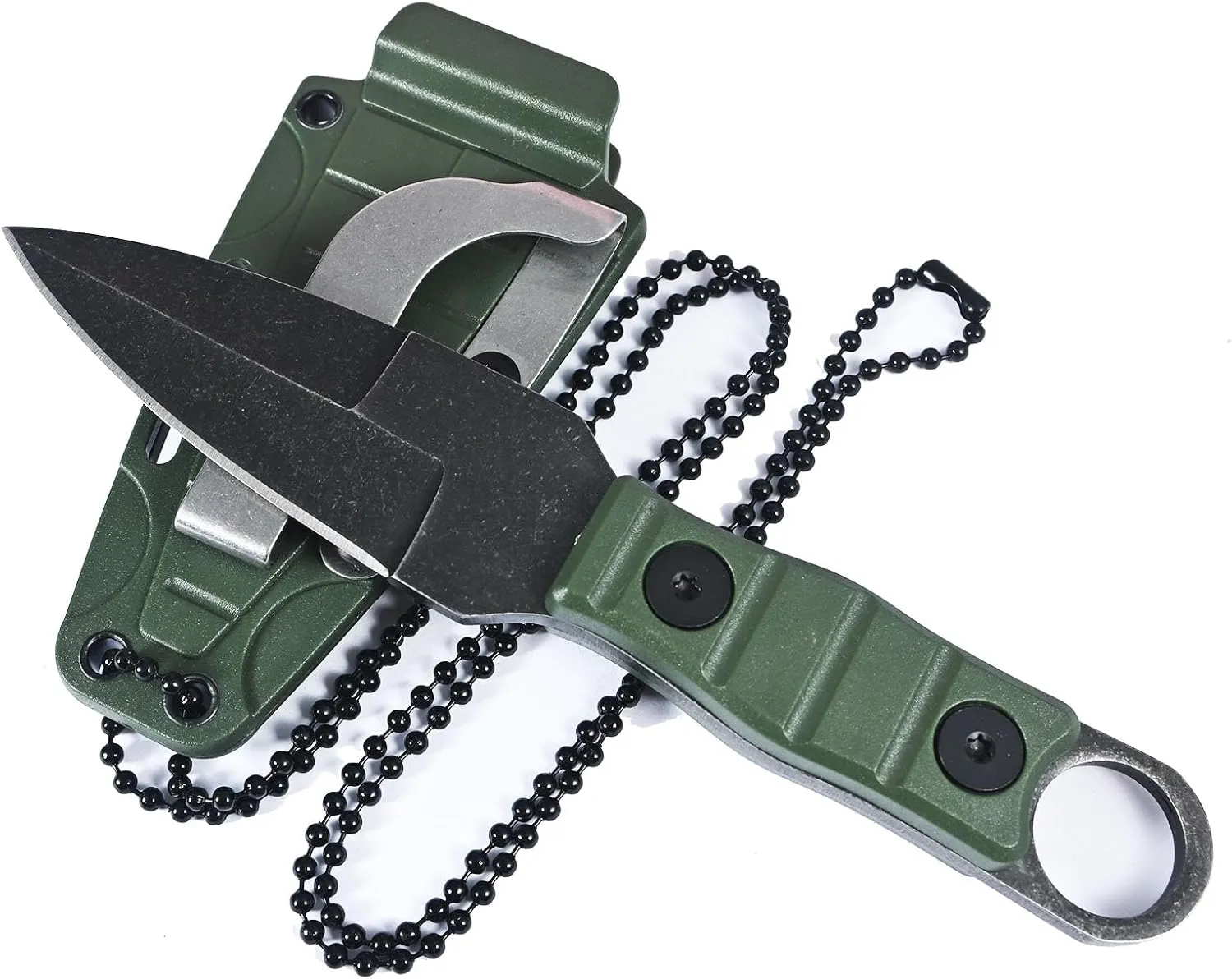 Camping Survival MINI Knife, Full Tang w/Kydex Sheath, Belt Clip and Necklace easy Carry, Stonewashing Blade, Good for Sport Hiking Fishing Hunting