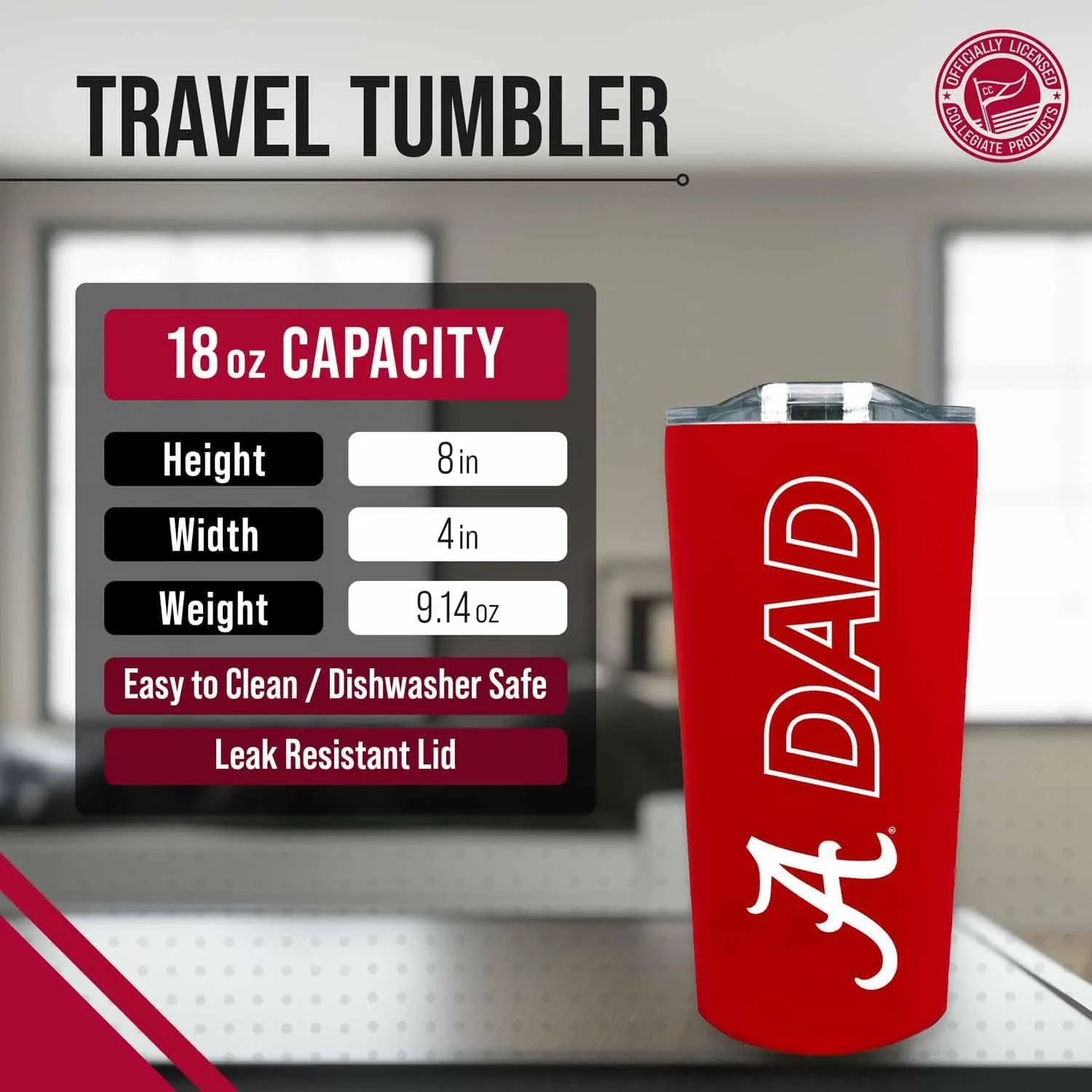 Campus Colors NCAA Stainless Steel Travel Tumbler for Dad - 18 oz - Double Walled Insulated Drinkware (Arkansas Razorbacks - Cardinal)