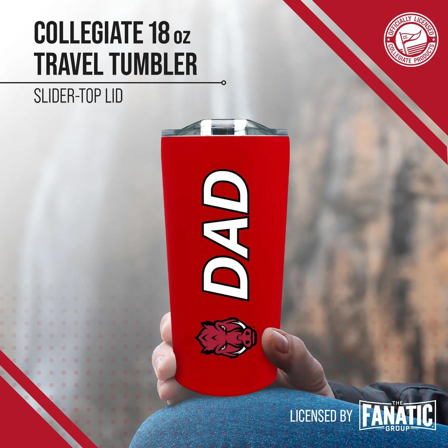 Campus Colors NCAA Stainless Steel Travel Tumbler for Dad - 18 oz - Double Walled Insulated Drinkware (Arkansas Razorbacks - Cardinal)