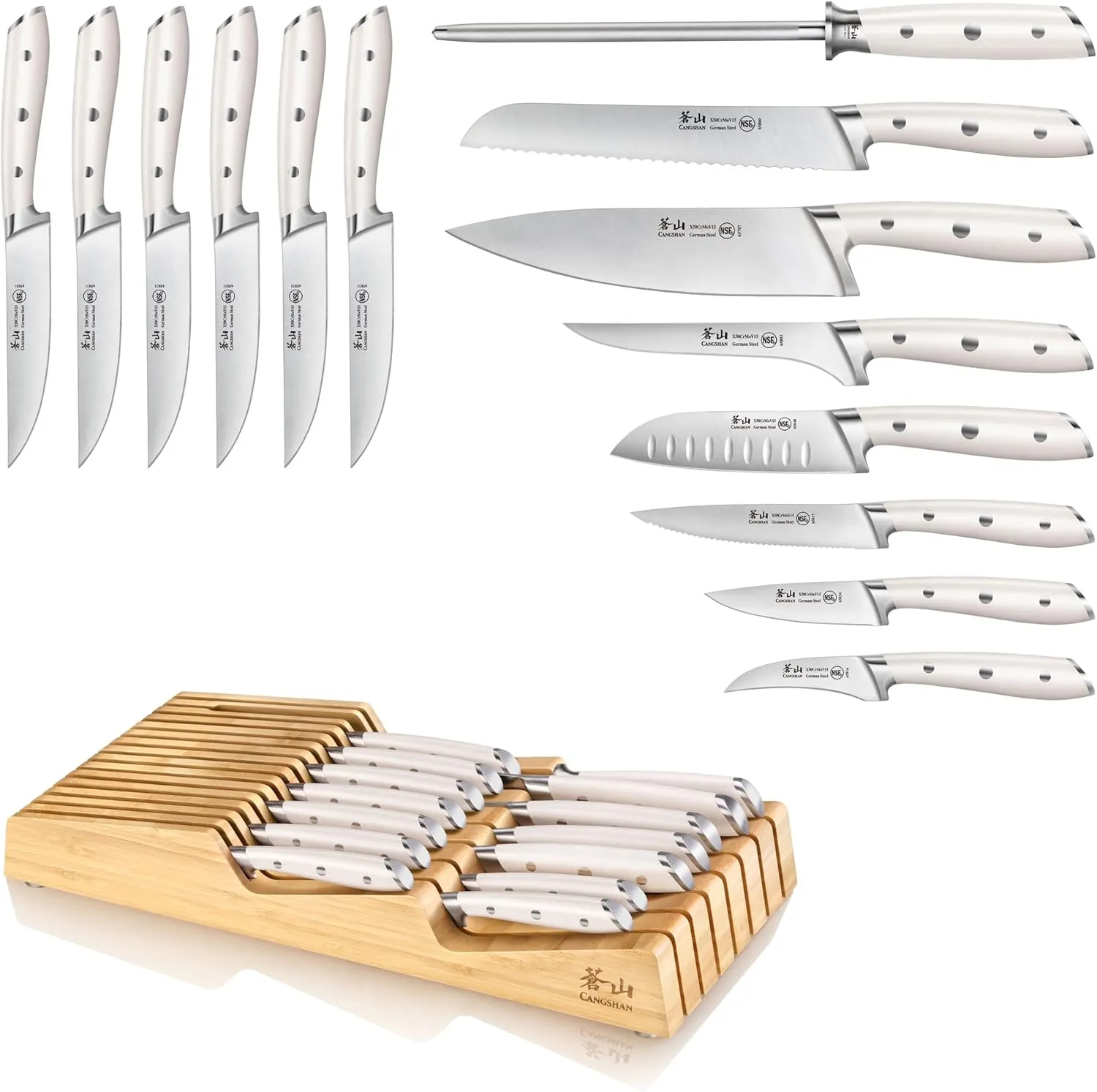 Cangshan ALPS Series 502827 German Steel Forged 15-Piece In-Drawer Knife Set with Bamboo Tray, (White)