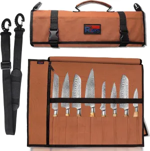 Canvas Chef Knife Roll Bag Case - 8 Knife Slots and a Zipper Pocket with an Adjustable Shoulder Strap - No knives included.