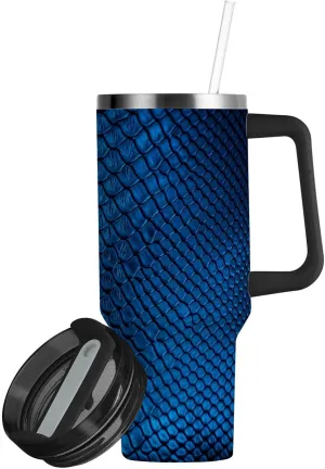 Car Tumbler with Handle Fancy Snakeskin Luxury Blue Travel Mug Coffee Cup Insulated Beverage Container Mega Cup for Hot Cold Drinking Thermos Water Bottle Cupholder Friendly 40 oz