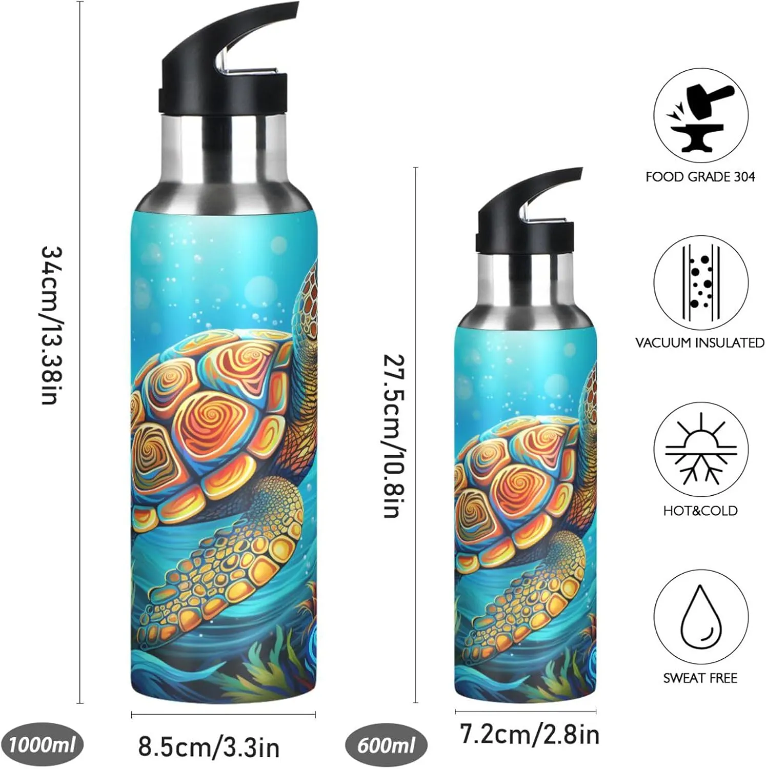 Cartoon Pattern Animal Sea Turtle Sport Water Bottle Insulated Stainless Steel Large Vacuum Flask Leak Proof Thermos with Straw for Travel(600ml/1000ml)