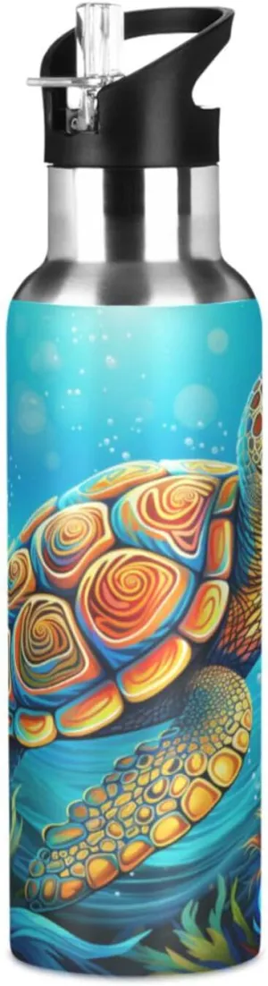 Cartoon Pattern Animal Sea Turtle Sport Water Bottle Insulated Stainless Steel Large Vacuum Flask Leak Proof Thermos with Straw for Travel(600ml/1000ml)