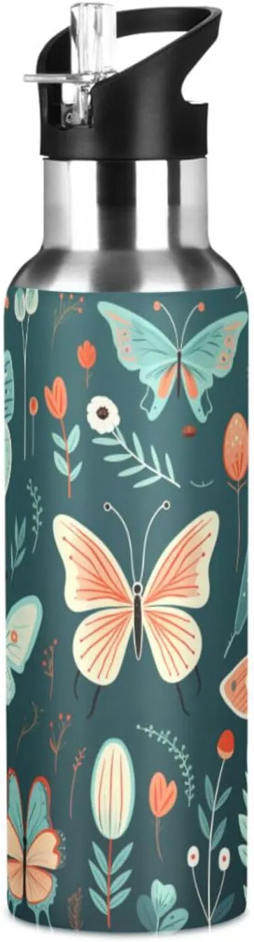 Cartoon Pattern Cute Butterflies Sport Water Bottle Insulated Stainless Steel Large Vacuum Flask Leak Proof Thermos with Straw for Travel(600ml/1000ml)