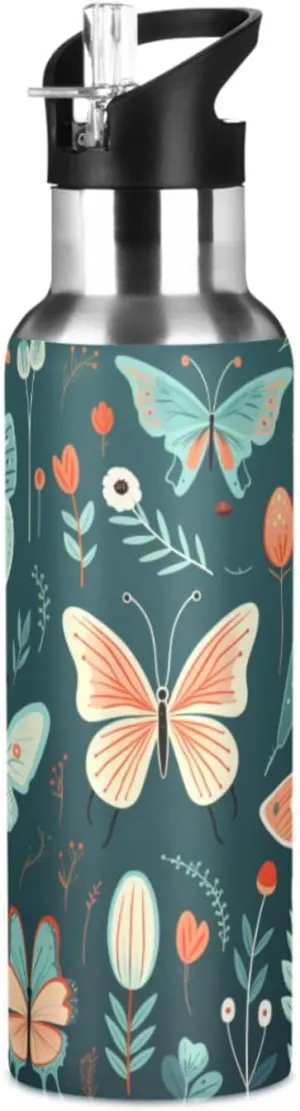 Cartoon Pattern Cute Butterflies Sport Water Bottle Insulated Stainless Steel Large Vacuum Flask Leak Proof Thermos with Straw for Travel(600ml/1000ml)