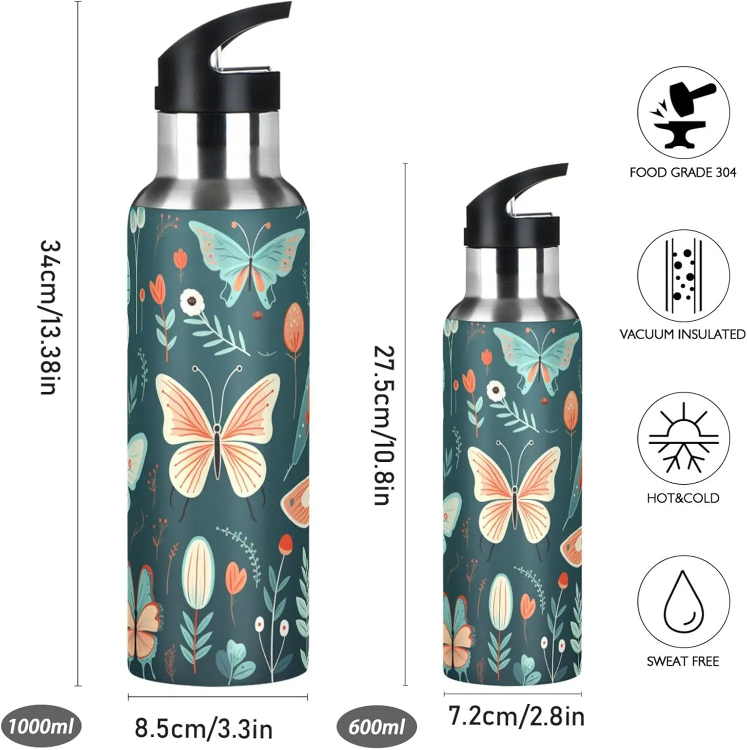 Cartoon Pattern Cute Butterflies Sport Water Bottle Insulated Stainless Steel Large Vacuum Flask Leak Proof Thermos with Straw for Travel(600ml/1000ml)