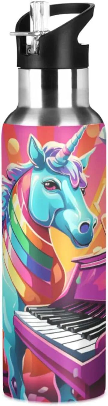 Cartoon Unicorn Music Sport Water Bottle Insulated Stainless Steel Large Vacuum Flask Leak Proof Thermos with Straw for Travel(600ml/1000ml)