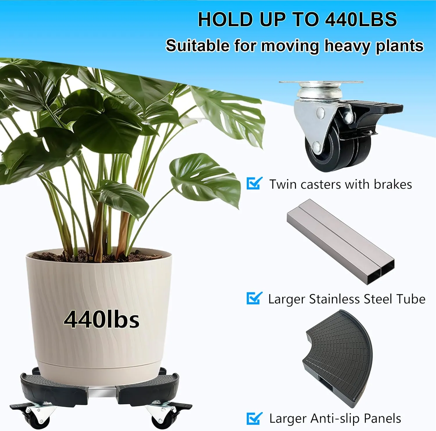 CASIMR Plant Stand with Wheels, Adjustable 15-21" Heavy Duty Plant Caddy with Casters, 440lb Capacity Indoor Outdoor Large Potted Planter Cart Dolly, Rolling Plant Stand for Flower Pot
