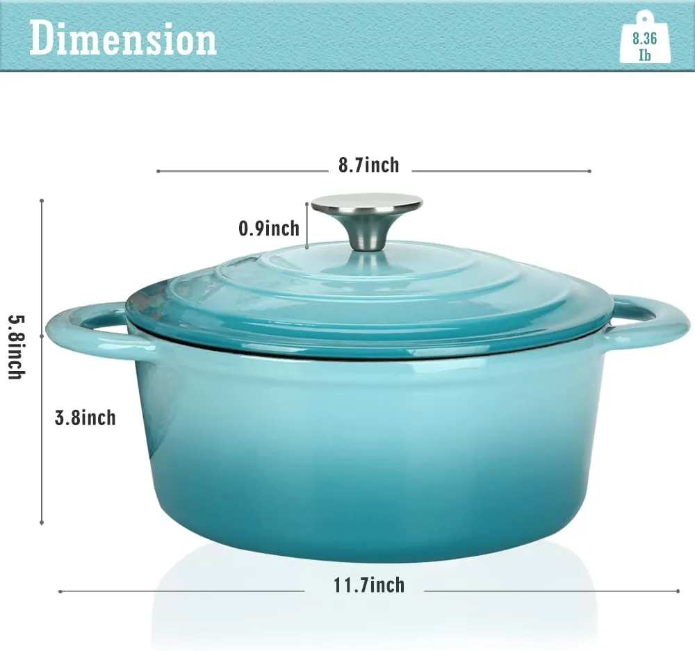 Cast Iron Dutch Oven, 3 QT Round Dutch Oven Pot with Self Basting Lid for Home Baking, Braiser, Cooking, Great Christmas Gifts for Family,Teal