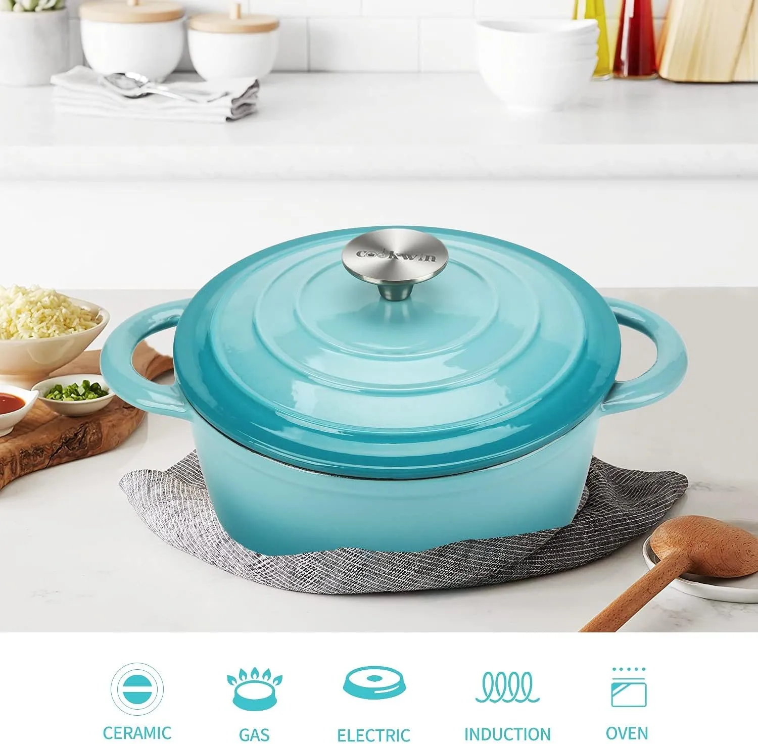Cast Iron Dutch Oven, 3 QT Round Dutch Oven Pot with Self Basting Lid for Home Baking, Braiser, Cooking, Great Christmas Gifts for Family,Teal