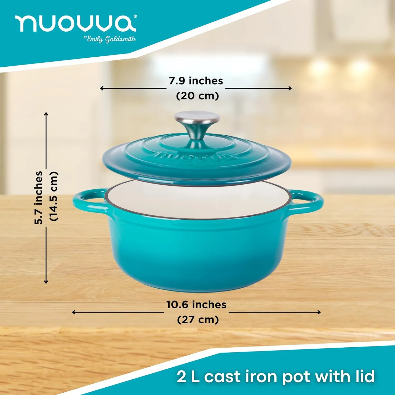 Cast Iron Dutch Oven with Lid – Non-Stick Ovenproof Enamelled Casserole Pot – Sturdy Dutch Oven Cookware – Teal, 2.1-Quart, 20cm – by Nuovva