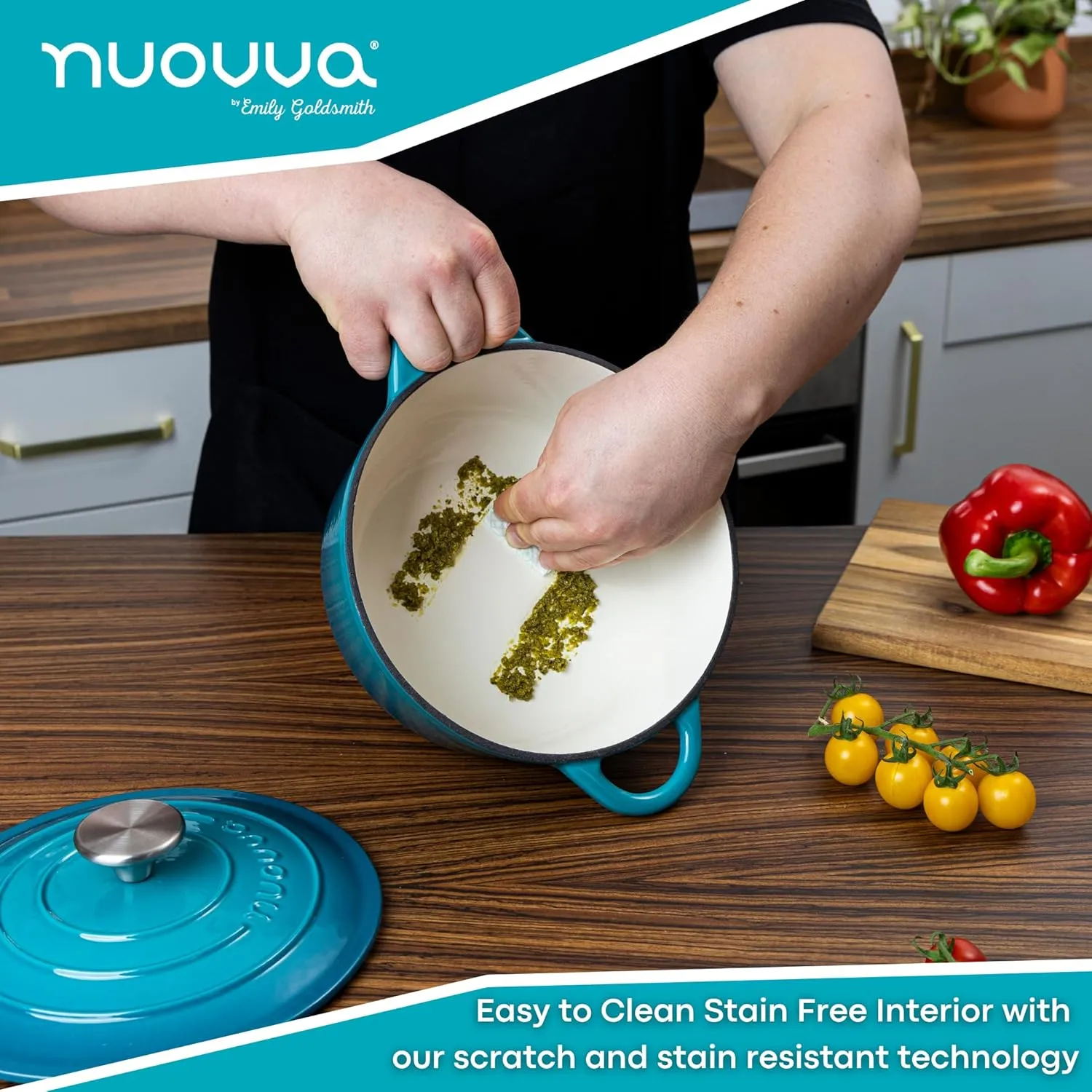 Cast Iron Dutch Oven with Lid – Non-Stick Ovenproof Enamelled Casserole Pot – Sturdy Dutch Oven Cookware – Teal, 2.1-Quart, 20cm – by Nuovva