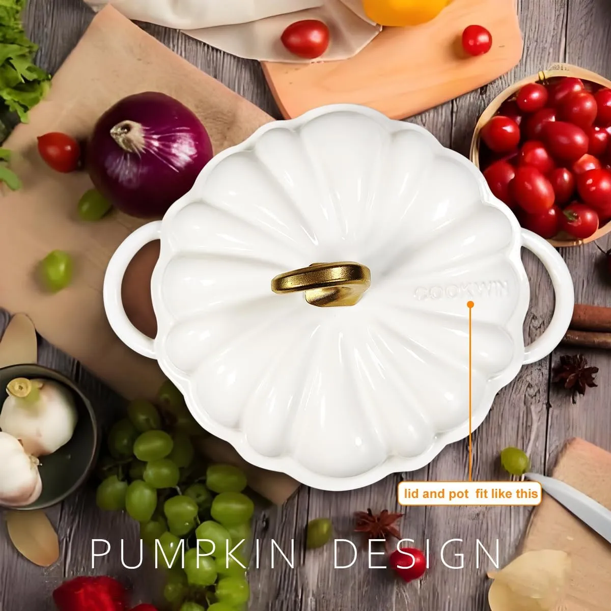 Cast Iron Pumpkin Dutch Oven, 4.5 Qt, White, Enamel, With Lid, Serves 3-5, Christmas Thanksgiving Decor Pot Gift
