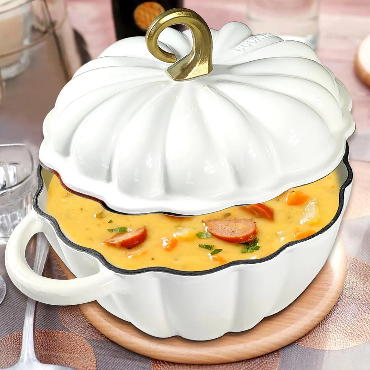 Cast Iron Pumpkin Dutch Oven, 4.5 Qt, White, Enamel, With Lid, Serves 3-5, Christmas Thanksgiving Decor Pot Gift