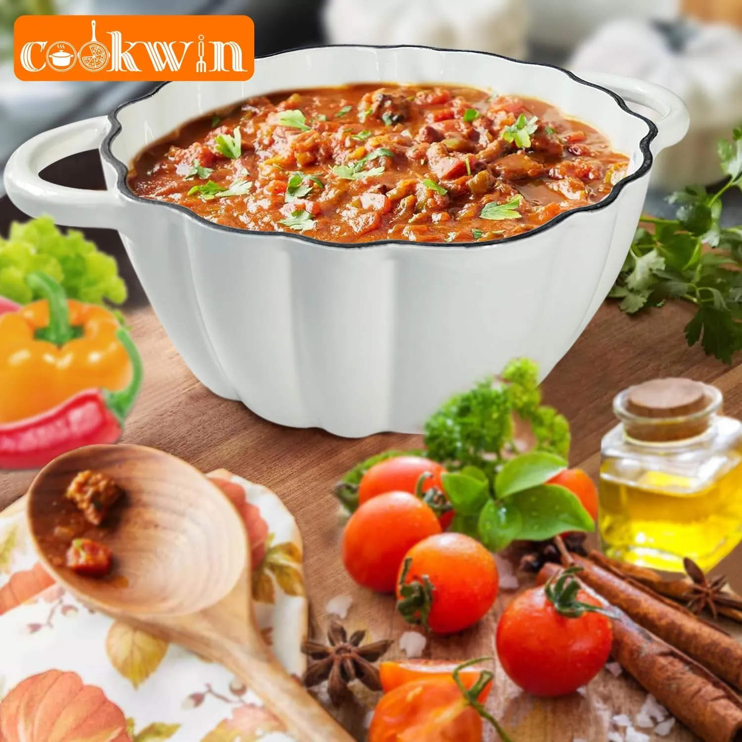 Cast Iron Pumpkin Dutch Oven, 4.5 Qt, White, Enamel, With Lid, Serves 3-5, Christmas Thanksgiving Decor Pot Gift