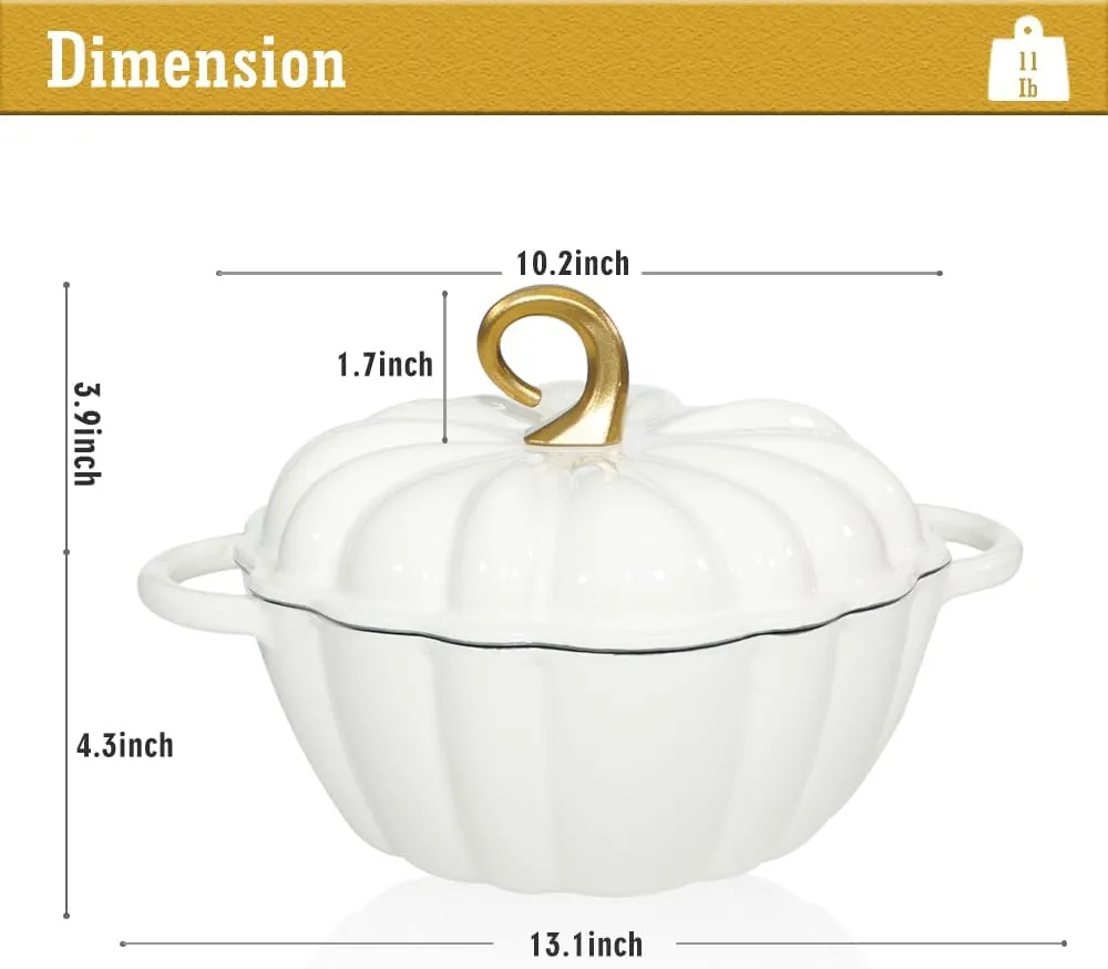 Cast Iron Pumpkin Dutch Oven, 4.5 Qt, White, Enamel, With Lid, Serves 3-5, Christmas Thanksgiving Decor Pot Gift