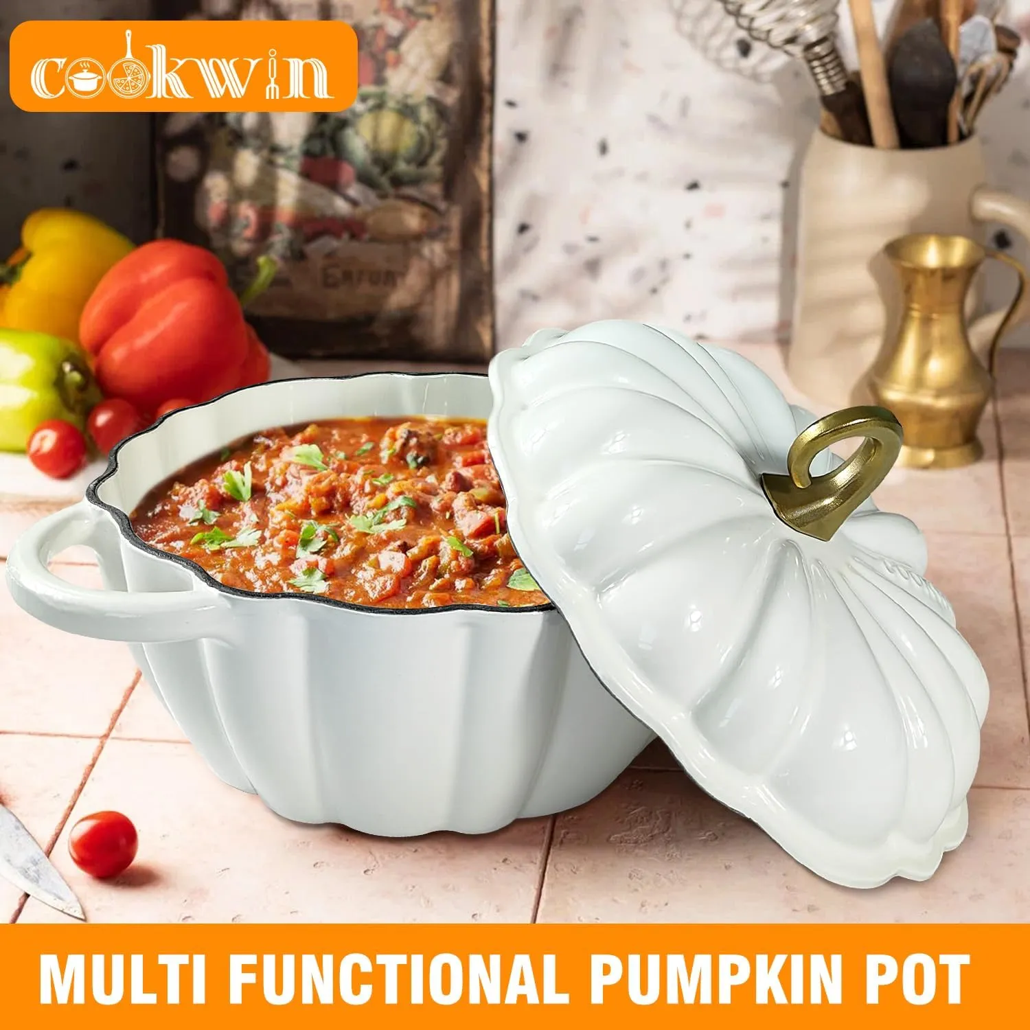 Cast Iron Pumpkin Dutch Oven, 4.5 Qt, White, Enamel, With Lid, Serves 3-5, Christmas Thanksgiving Decor Pot Gift