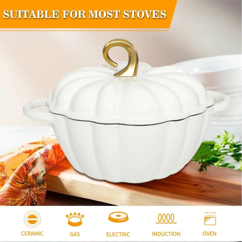 Cast Iron Pumpkin Dutch Oven, 4.5 Qt, White, Enamel, With Lid, Serves 3-5, Christmas Thanksgiving Decor Pot Gift