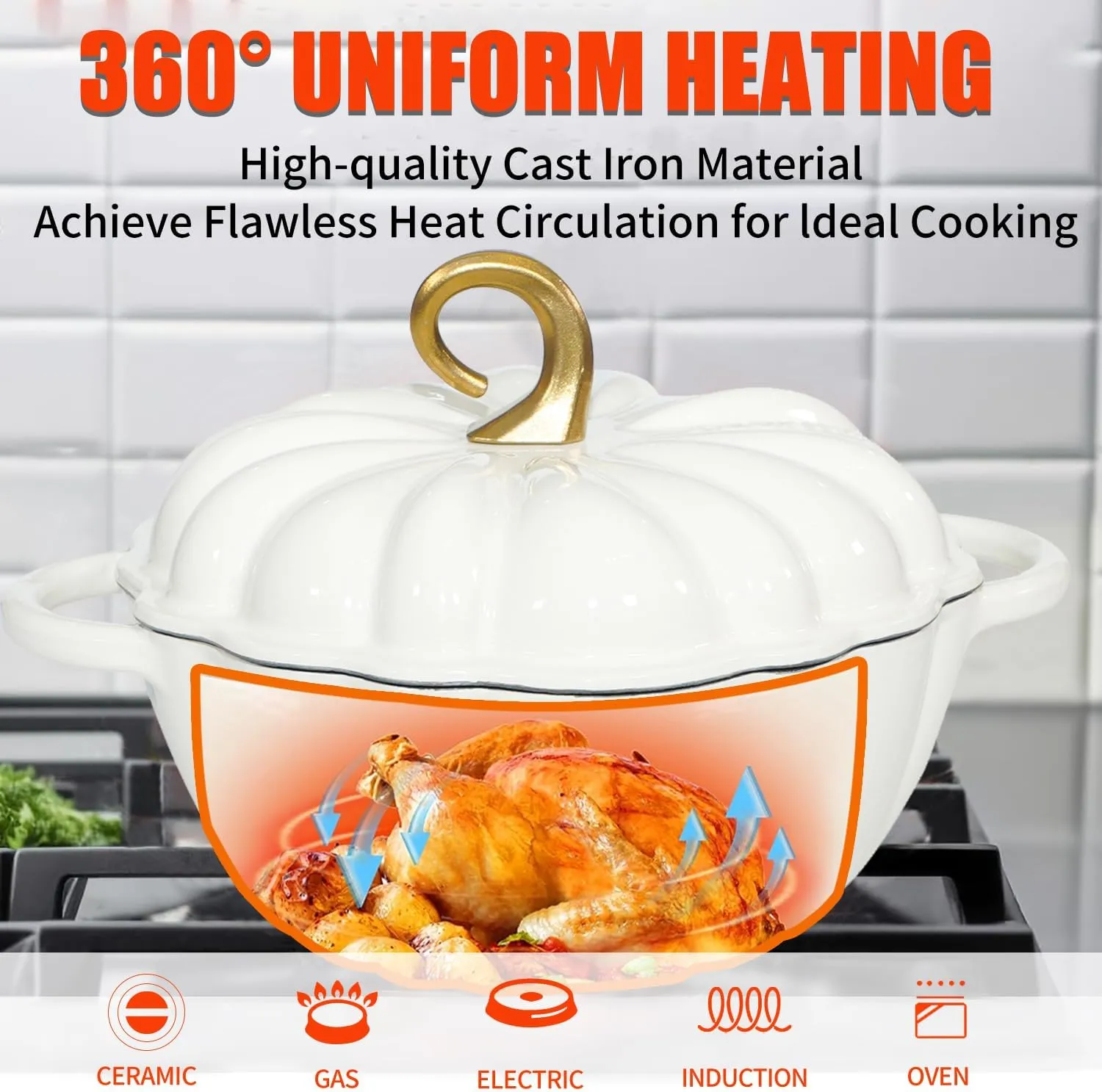 Cast Iron Pumpkin Dutch Oven, 4.5 Qt, White, Enamel, With Lid, Serves 3-5, Christmas Thanksgiving Decor Pot Gift