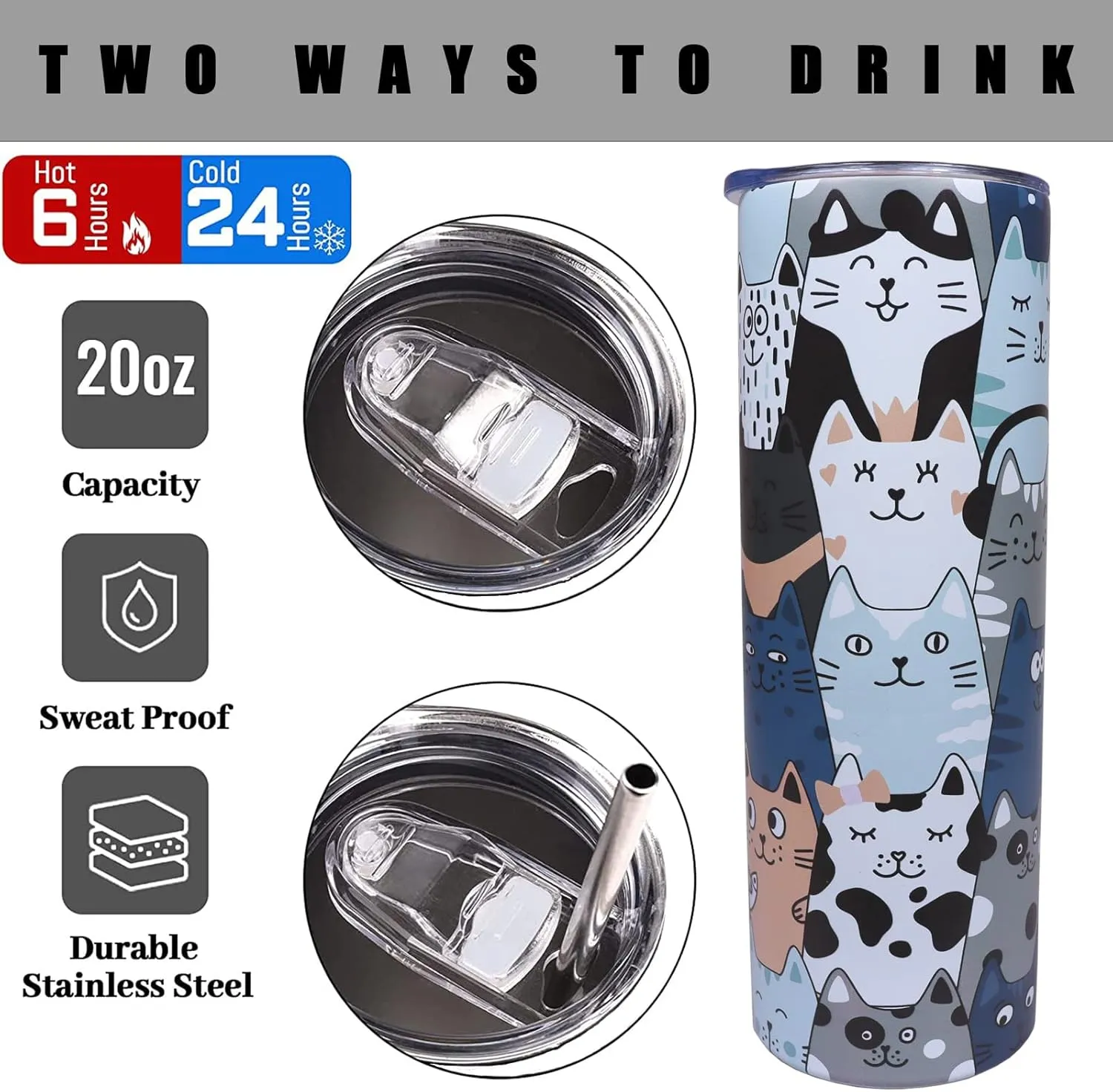 Cat Tumbler With Lid and Straw - 20 oz Insulated Stainless Steel Tumbler - Travel Mug and Wine Cups for Cat Lovers Gifts