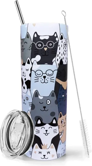 Cat Tumbler With Lid and Straw - 20 oz Insulated Stainless Steel Tumbler - Travel Mug and Wine Cups for Cat Lovers Gifts