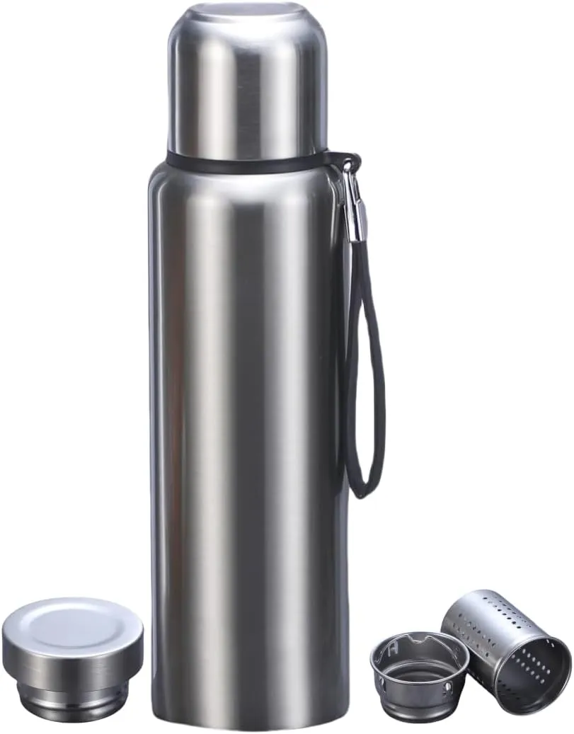 CDJ 34 oz Thermos with Tea Infuser Stainless Steel Vacuum Insulated Water Bottles with 2 Covers Flasks for Hot and Cold Drinks Large Coffee Bottle for Traval,Hiking,Camping