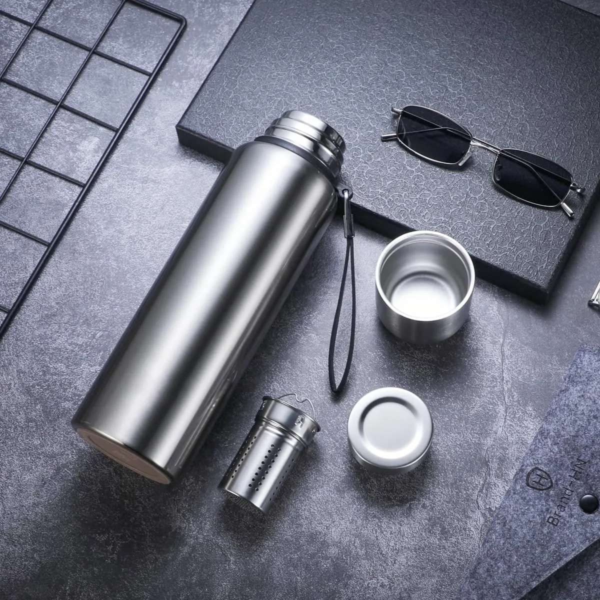 CDJ 34 oz Thermos with Tea Infuser Stainless Steel Vacuum Insulated Water Bottles with 2 Covers Flasks for Hot and Cold Drinks Large Coffee Bottle for Traval,Hiking,Camping