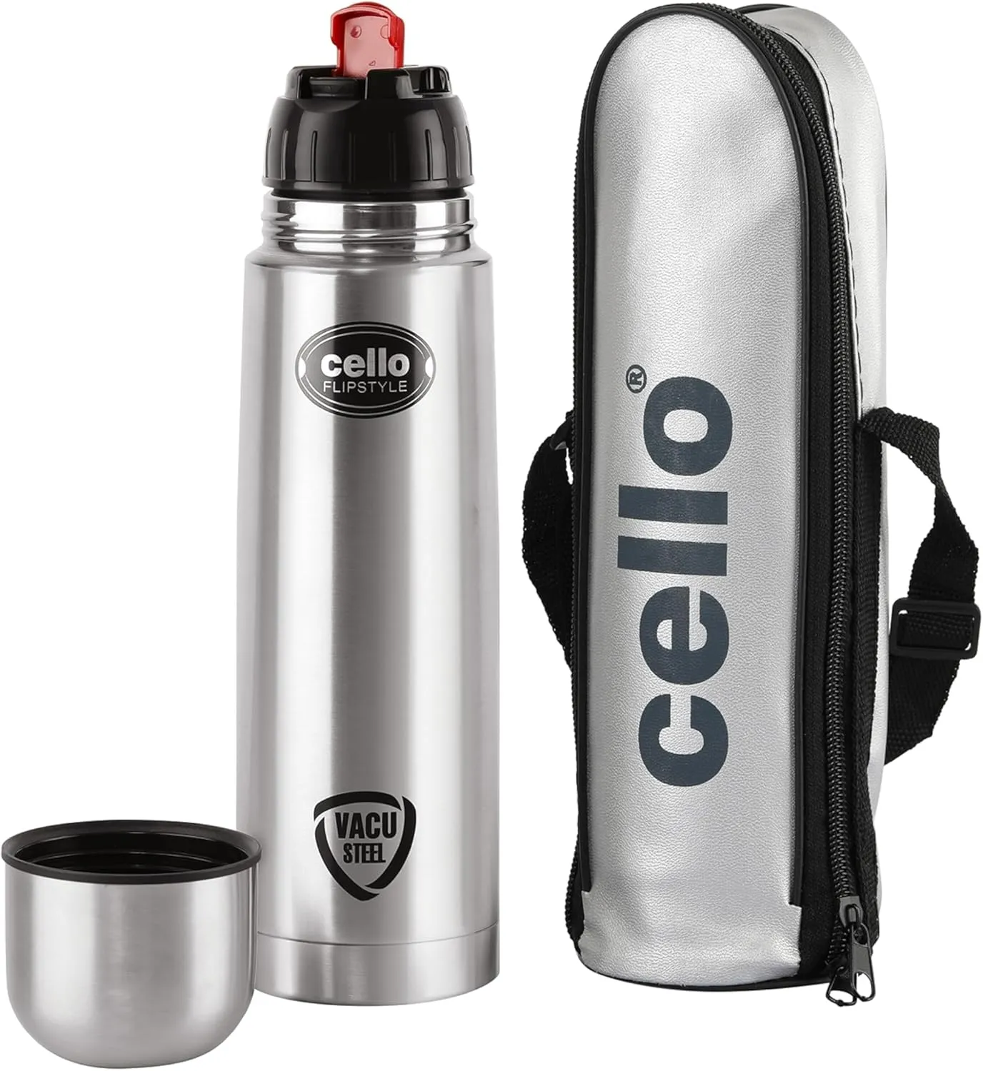Cello Flipstyle Stainless Steel Vacuum Insulated Flask with Flip Lid | Leak Proof | Double Walled Silver Bottle for Home, Office, Travel (34oz, Silver)
