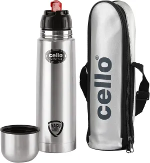 Cello Flipstyle Stainless Steel Vacuum Insulated Flask with Flip Lid | Leak Proof | Double Walled Silver Bottle for Home, Office, Travel (34oz, Silver)