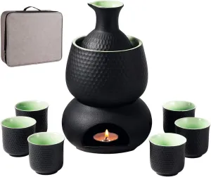 Ceramic Sake Set Cups with Warmer Keep Sake Storage Box, Traditional Porcelain Pottery Hot Saki Drink, 9pcs include 1 Stove 1 Warming Bowl 1 200ml Sake Bottle 6 Cup