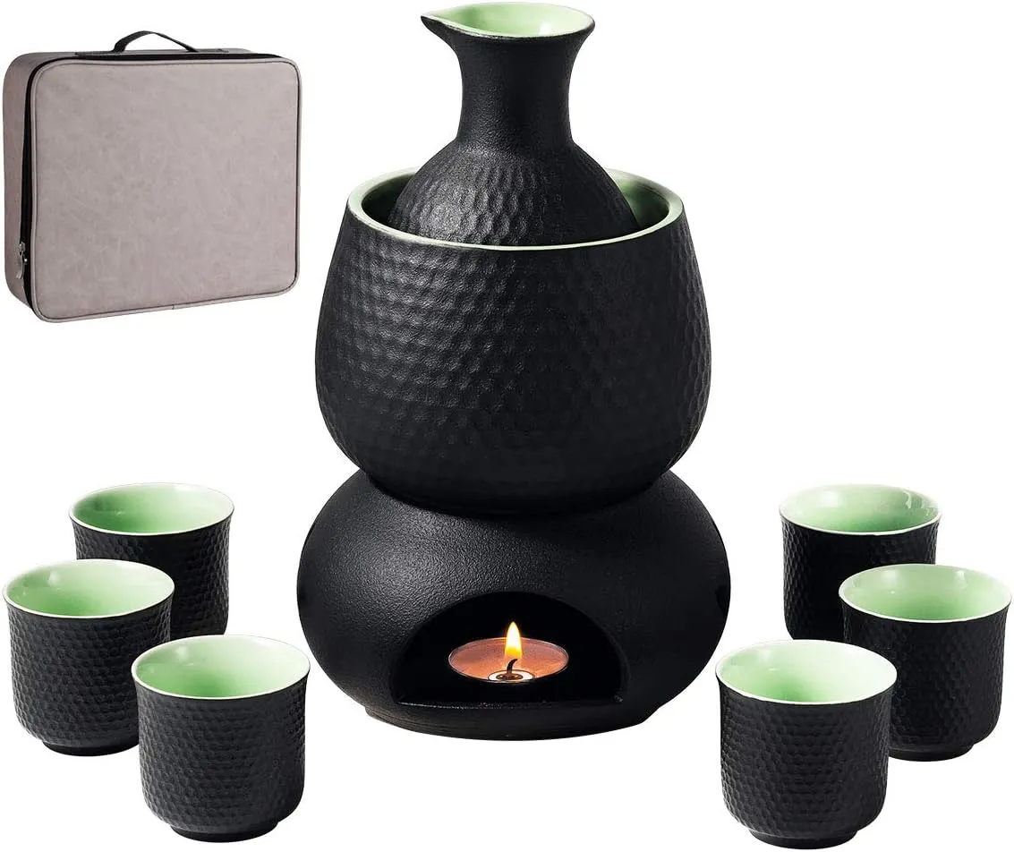 Ceramic Sake Set Cups with Warmer Keep Sake Storage Box, Traditional Porcelain Pottery Hot Saki Drink, 9pcs include 1 Stove 1 Warming Bowl 1 200ml Sake Bottle 6 Cup