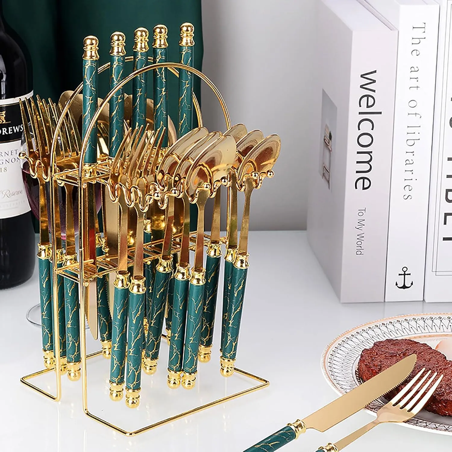 ceramic tableware set,Royal 24 Piece Matte White Handle 18/8 Stainless Steel Tableware Sets for 6 Including Forks Spoons Knives, Camping Silverware Travel Utensils Set Cutlery