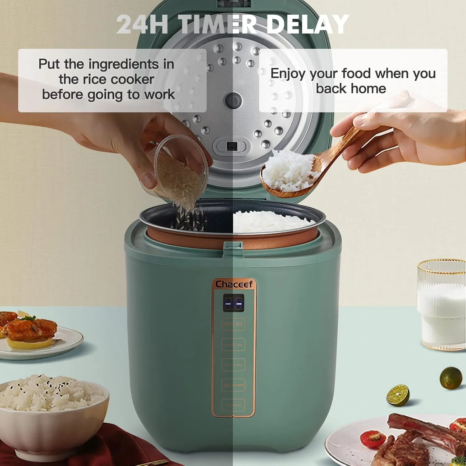 CHACEEF Mini Rice Cooker 2 Cups Uncooked, 1.2L Rice Cooker Small, Portable Non-Stick Small Travel Rice Maker, BPA Free, Smart Control Multifunction Cooker with 24 Hours Timer Delay & Keep Warm Function, Green