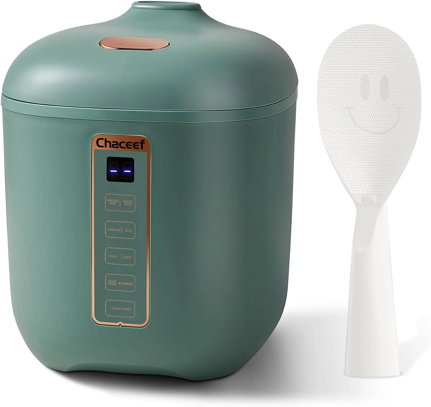 CHACEEF Mini Rice Cooker 2 Cups Uncooked, 1.2L Rice Cooker Small, Portable Non-Stick Small Travel Rice Maker, BPA Free, Smart Control Multifunction Cooker with 24 Hours Timer Delay & Keep Warm Function, Green