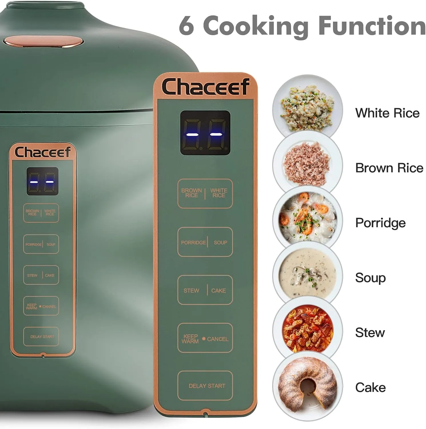 CHACEEF Mini Rice Cooker 2 Cups Uncooked, 1.2L Rice Cooker Small, Portable Non-Stick Small Travel Rice Maker, BPA Free, Smart Control Multifunction Cooker with 24 Hours Timer Delay & Keep Warm Function, Green