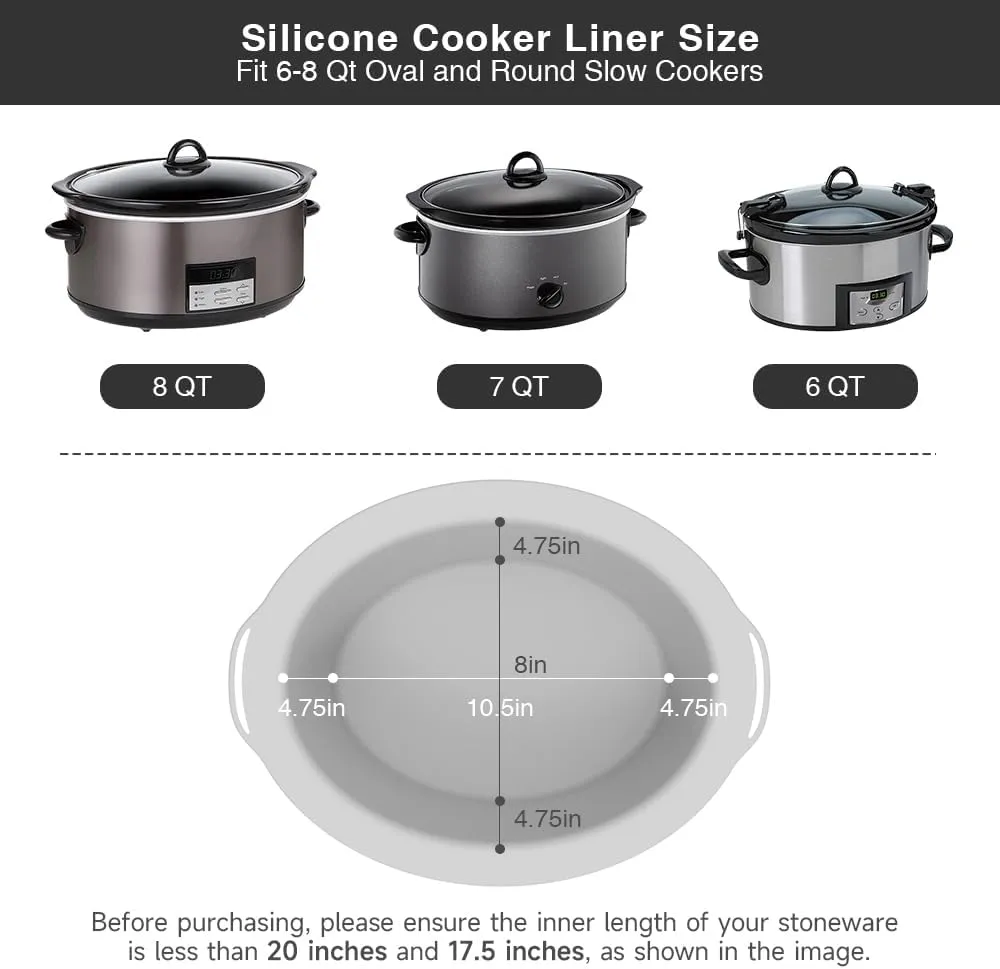 ChefAid Slow Cooker Liners, 100% Silicone Reusable Crock Pot Insert Accessories for 6-8 Oval or Round Quart Slow Cookers, Food Safe & Dishwasher Safe (Black-Grey)